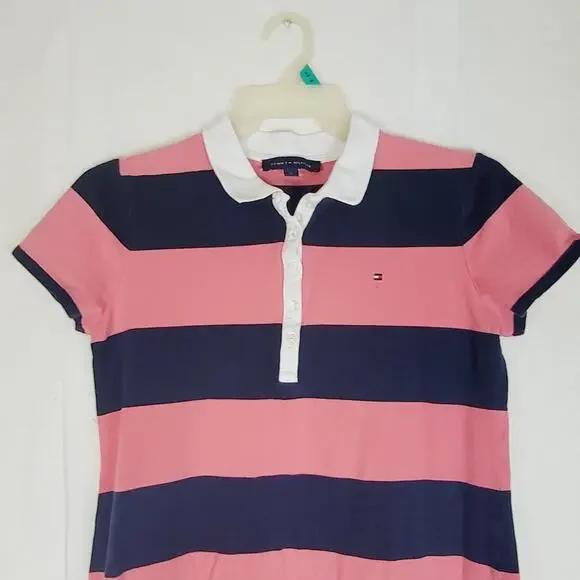 Tommy Hilfiger pink and blue rugby striped polo shirt dress Sz Med Preppy Casual - Picture 6 of 8